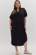 Entro Solid Short Sleeve Midi Dress With V Neck Collar In Black PLUS Size