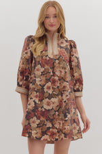 ENTRO Floral Puff Sleeve Mini Dress With Striped Accents In Brown