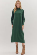 ENTRO Solid Mock Neck Long Sleeve Midi Dress In Pine