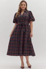 Entro Plaid Puff Sleeve Tie Waist Midi Dress In Navy PLUS Size