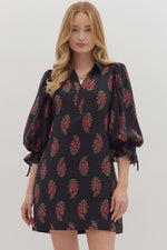 ENTRO Floral Print Puff Sleeve Mini Dress In Black