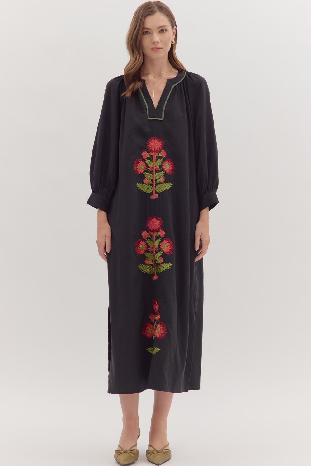 ENTRO Embroidered Floral Long Sleeve Maxi Dress In Black *COMING SOON*