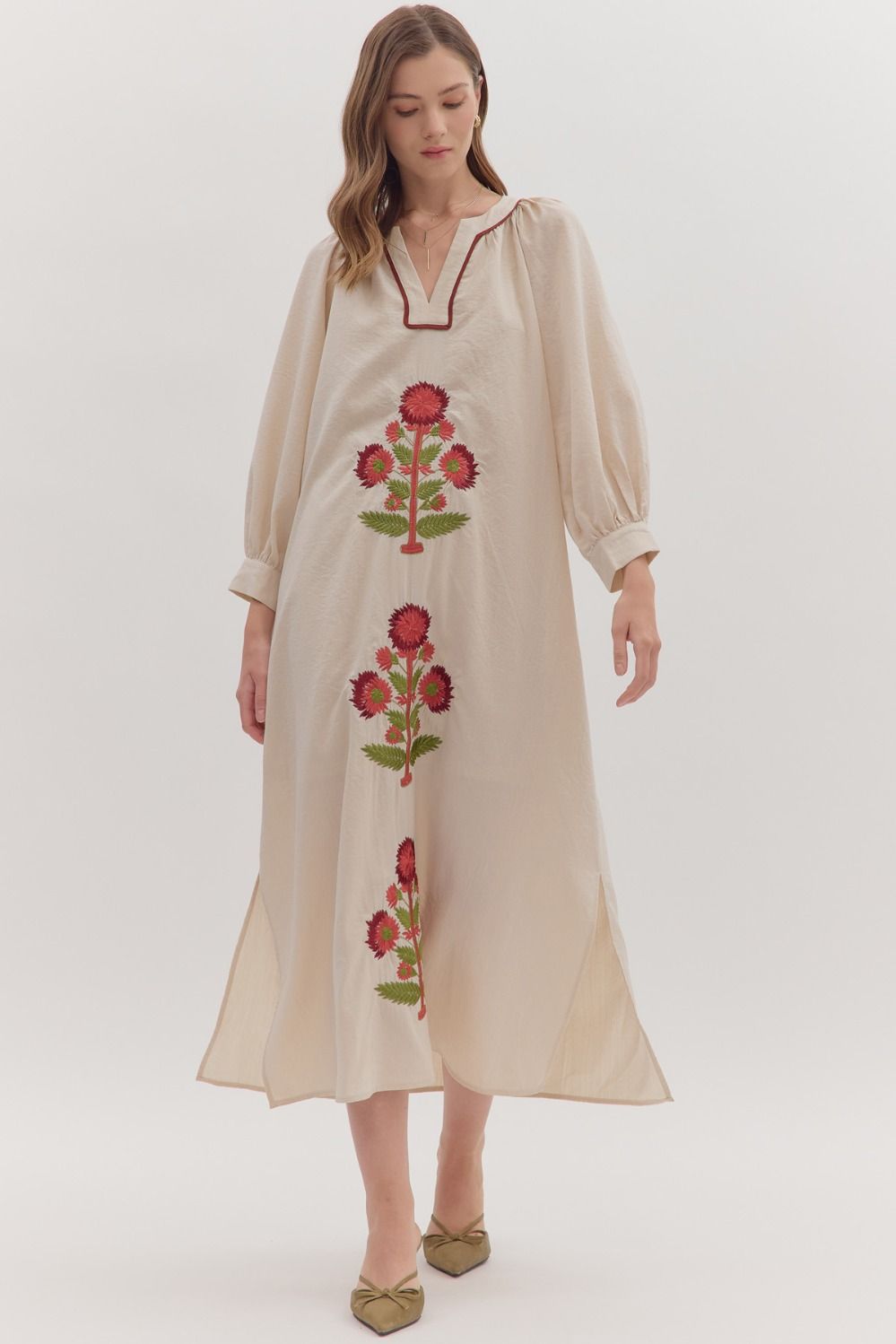 ENTRO Embroidered Floral Long Sleeve Maxi Dress In Ecru *COMING SOON*