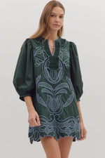 ENTRO Solid 3/4 Sleeve Mini Dress With Embroidered Design In Hunter Green