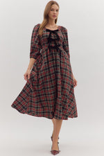 ENTRO Plaid Puff Sleeve Midi Dress With Velvet Bows In Black