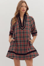 Entro Plaid 3/4 Sleeve Mini Dress With Velvet Trim In Black