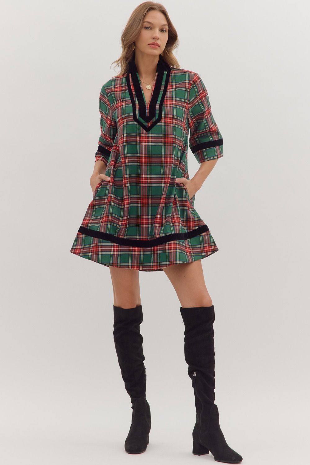 Entro Plaid 3/4 Sleeve Mini Dress With Velvet Trim In Green *COMING SOON*