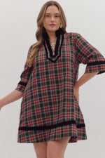 Entro Plaid 3/4 Sleeve Mini Dress With Velvet Trim In Black PLUS Size