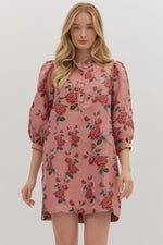 ENTRO Floral 3/4 Sleeve Mini Dress In Dusty Rose