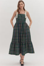 ENTRO Plaid Sleeveless Midi Dress With Ribbon Ties In Pine