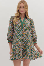 ENTRO Geometric Long Puff Sleeve Mini Dress In Hunter Green