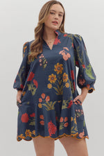 Entro Floral Print Puff Sleeve Dress In Navy
