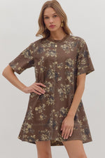 ENTRO Floral Print Short Sleeve Mini Dress In Brown