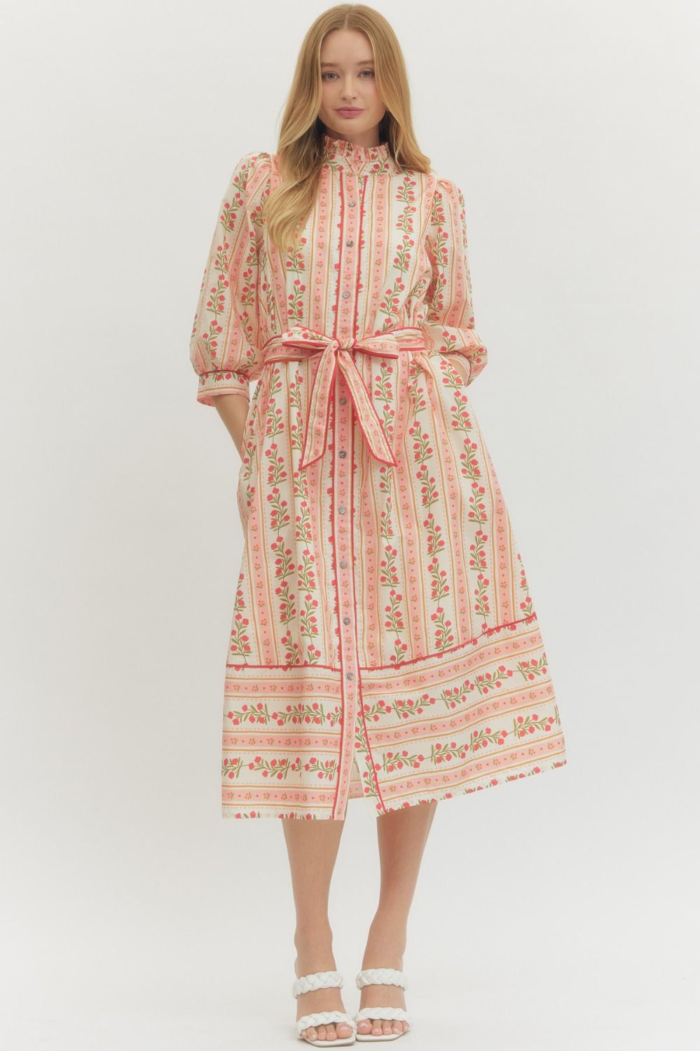 Entro Floral Print 3/4 Sleeve Midi Dress In Red *FINAL SALE* – Craft Closet