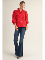 Jodifl 3/4 Sleeve Button Down 3D Floral Top In Red
