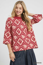 Umgee Abstract Print Mock Neck Sweater In Rosewood