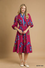 Umgee Floral Midi Dress With Ruffle Trim In Berry Mix