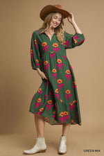 Umgee Floral Print Maxi Dress With Bubble Sleeves In Green Mix