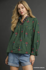 Umgee Embroidered Ruffle Neck Top In Hunter Green
