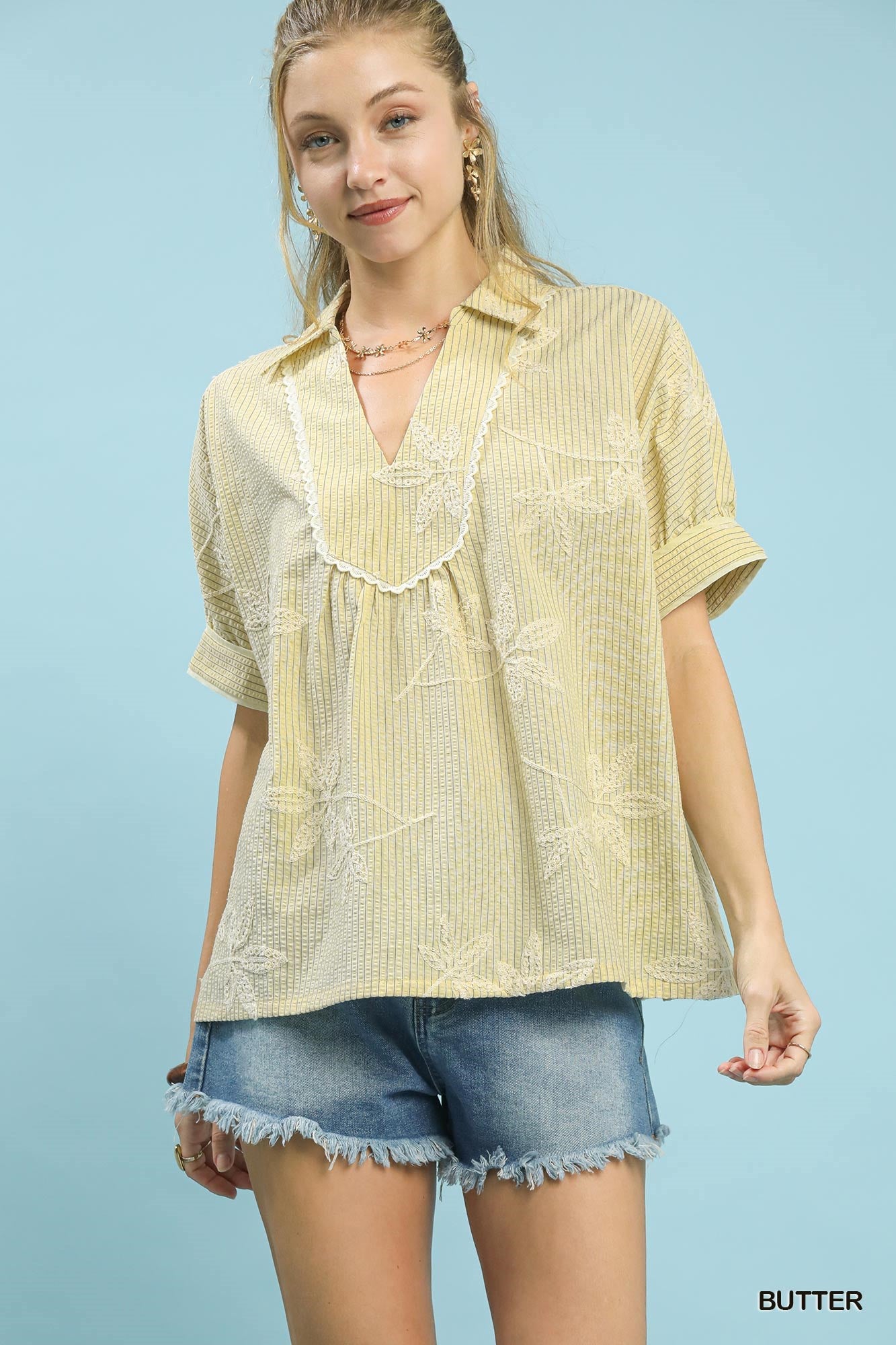 Umgee Striped Embroidered Blouse With Scallop Trim In Butter *COMING SOON*