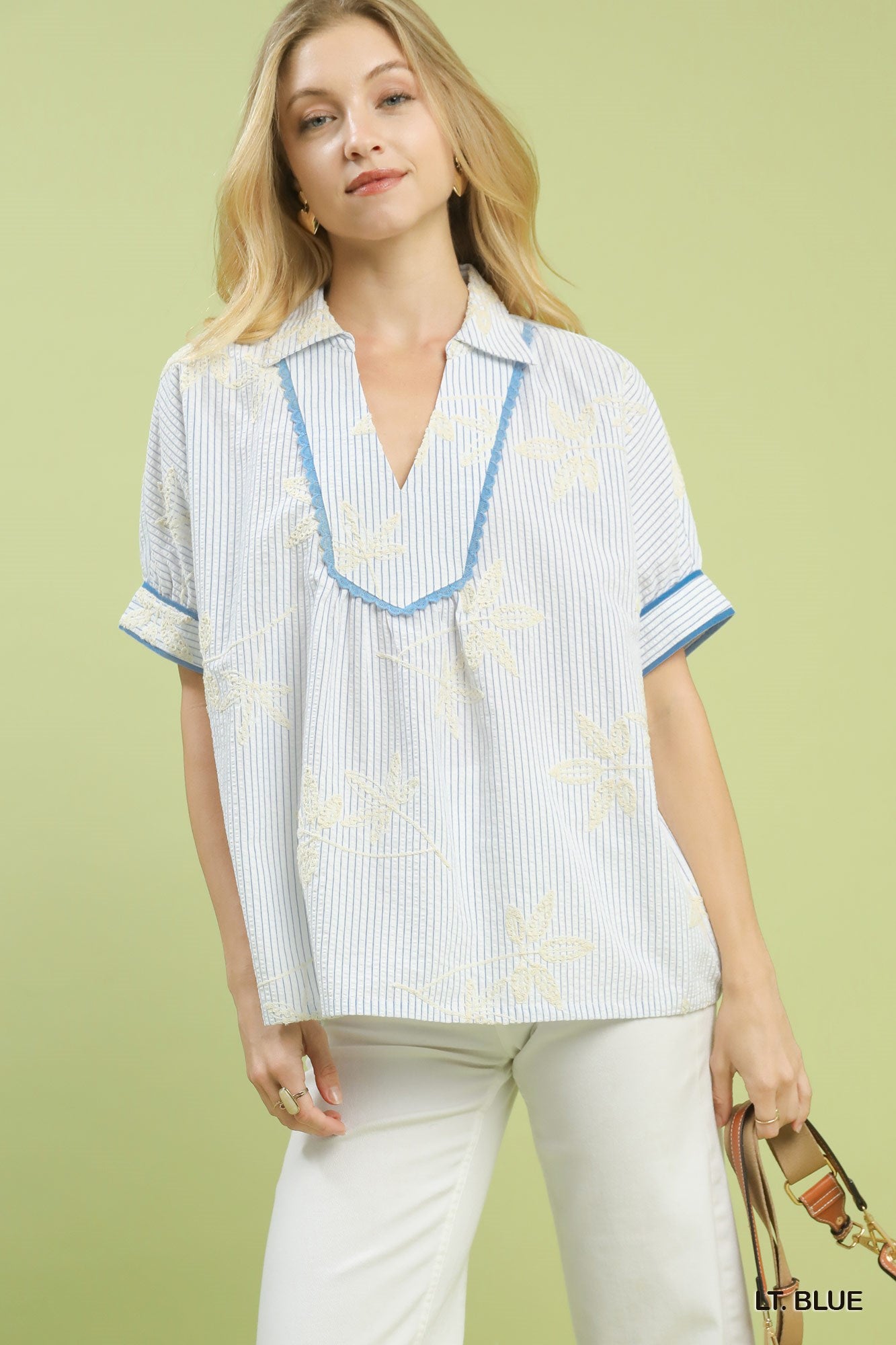 Umgee Striped Embroidered Blouse With Scallop Trim In Light Blue *COMING SOON*