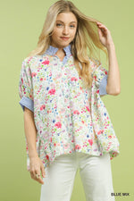 Umgee Jacquard Floral Print Button Down Top In Blue Mix *COMING SOON*