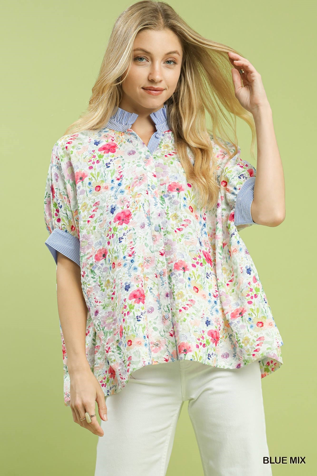 Umgee Jacquard Floral Print Button Down Top In Blue Mix *COMING SOON*
