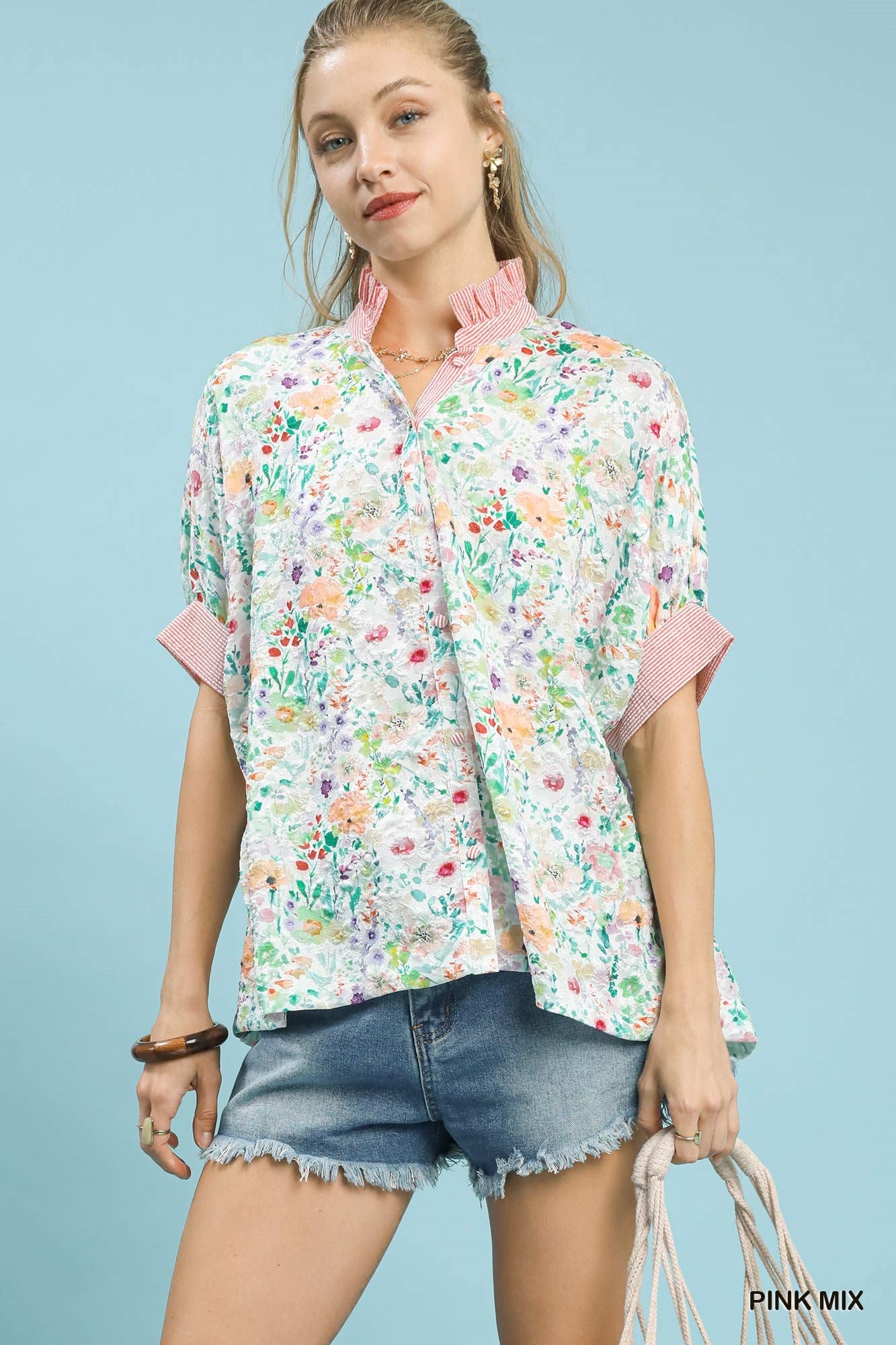 Umgee Jacquard Floral Print Button Down Top In Pink Mix *COMING SOON*