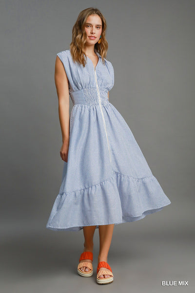 Umgee Ruffle Collar Midi Dress with Stripe Trim main image 0