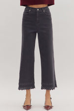 ENTRO High Waist Pants With Floral Embroidered Hem In Black
