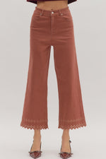 ENTRO High Waist Pants With Floral Embroidered Hem In Brick