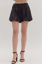ENTRO Solid Sequin Elastic Waist Shorts In Black