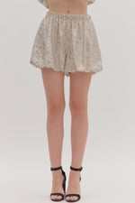ENTRO Solid Sequin Elastic Waist Shorts In Champagne
