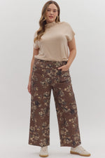 ENTRO Floral Print Ankle Length Pants in Brown PLUS Size