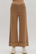 ENTRO Solid Midrise Cuff Bottom Pants In Camel