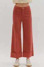 ENTRO Solid Midrise Cuff Bottom Pants In Rust