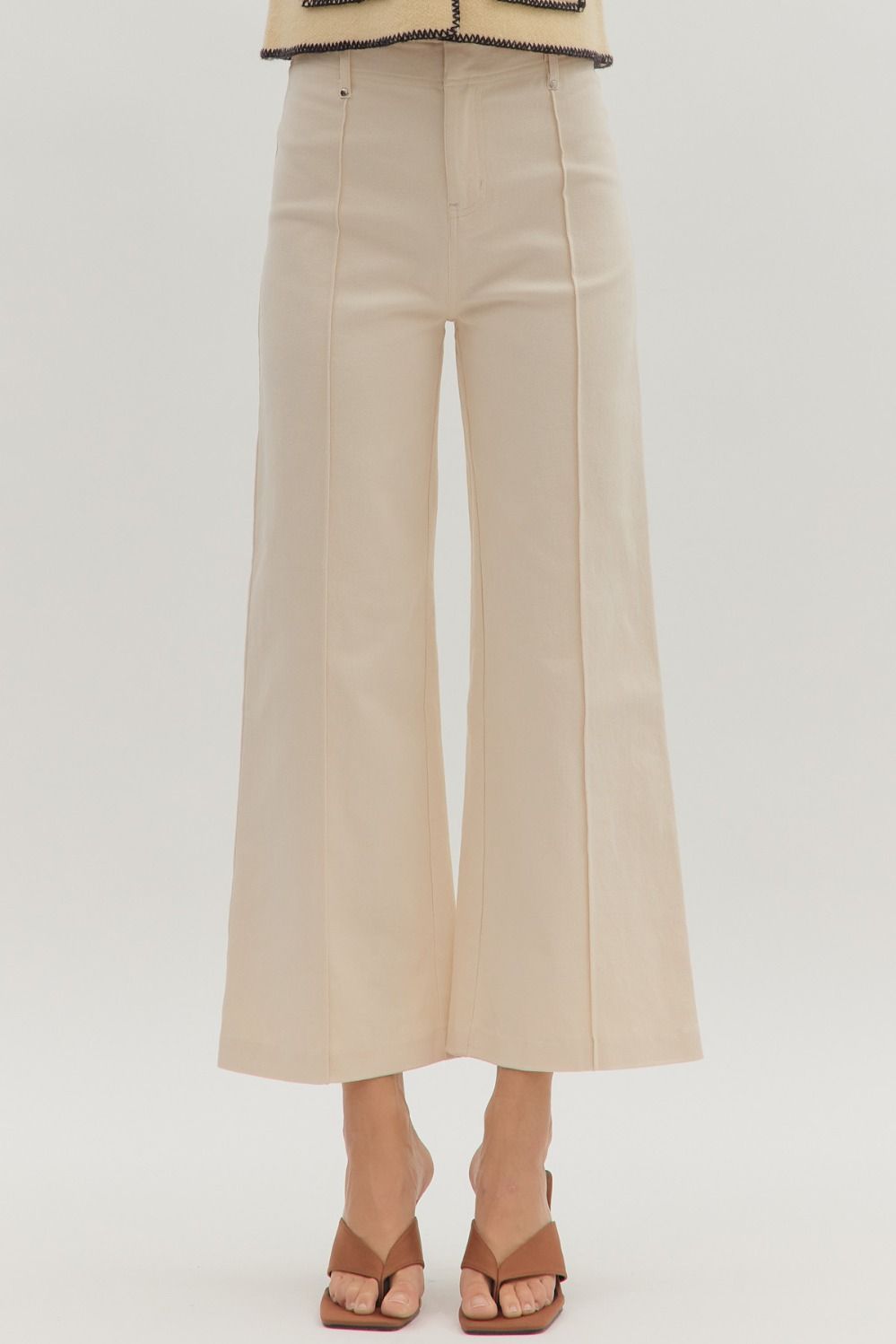 ENTRO Solid High Rise Wide Leg Pants With Front Seam Detail In Ecru *COMING SOON*