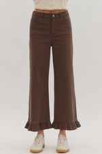ENTRO Solid Wide Leg Pants With Ruffle Hem In Brown