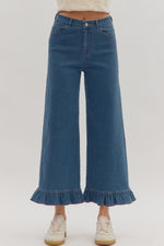 ENTRO Solid Wide Leg Pants With Ruffle Hem In Denim