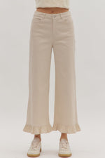 ENTRO Solid Wide Leg Pants With Ruffle Hem In Sand