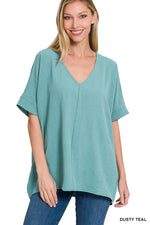 Zenana Woven Airflow V Neck Top