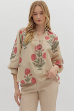 ENTRO 3/4 Sleeve Floral Top In Ecru