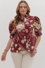 ENTRO Floral Ruffle Neck Top In Merlot IN PLUS Sizes