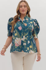 ENTRO Floral Ruffle Neck Top In Teal IN PLUS Sizes