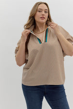 ENTRO Striped High Neck Dolman Top In Caramel PLUS Sizes