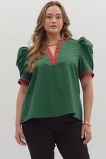 ENTRO Puff Sleeve Plaid Accent Band Top In Green PLUS Sizes