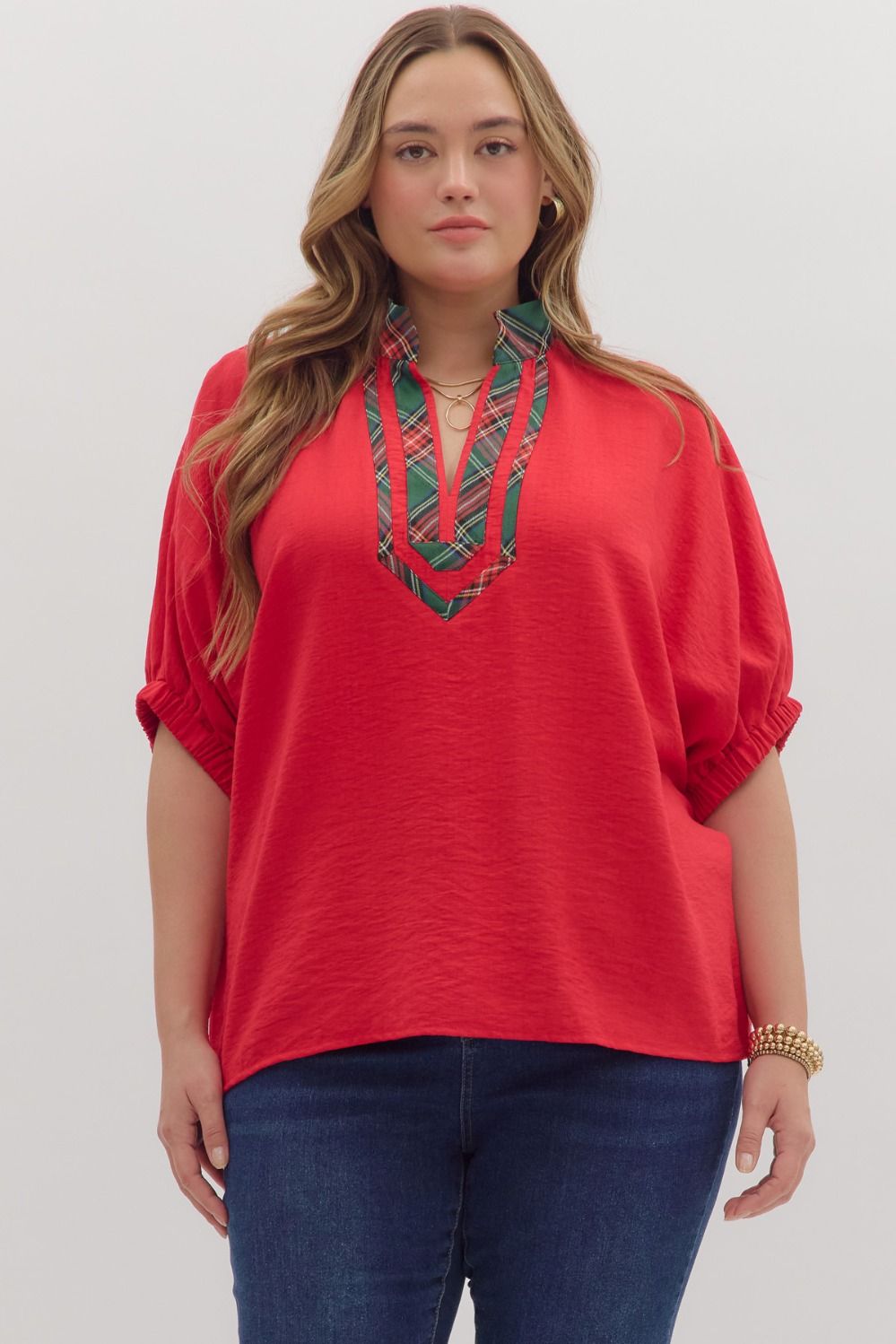 ENTRO Short Sleeve Dolman Top With Plaid Trim In Red PLUS Sizes
