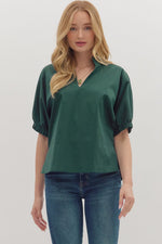 Entro Solid Puff Sleeve V Neck Top In Hunter Green