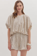 Entro Solid Sequin Short Sleeve Dolman Top In Champagne