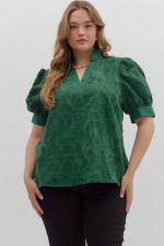 ENTRO Embroidered Puff Sleeve Pullover In Green PLUS Size